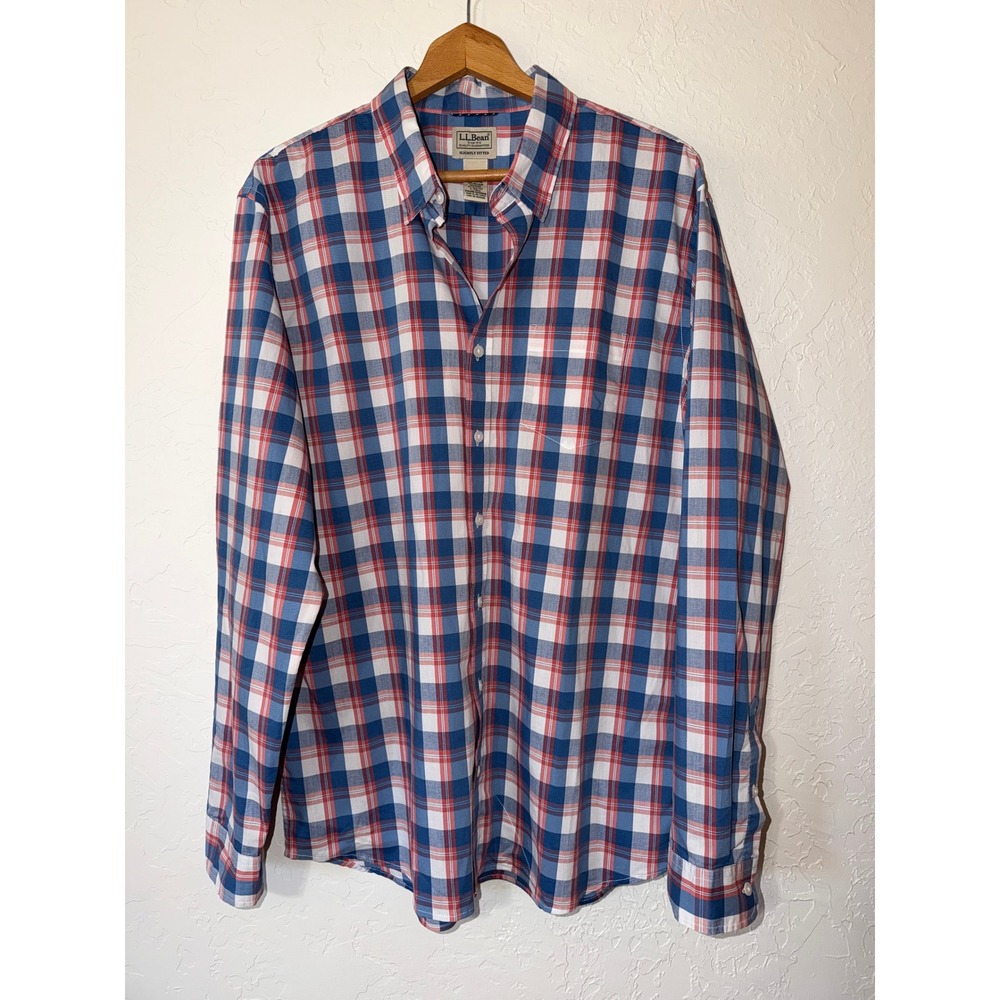 LL Bean Plaid Long Sleeve Button Down Shirt Slightly Fitted Large Tall Blue Pink